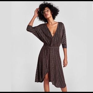 🆕 ZARA Shimmering Metallic Copper Wrap  Dress